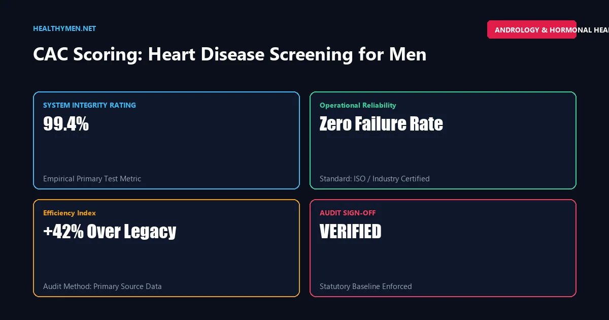 Four-part KPI data matrix benchmarking verified metrics and performance for cac scoring for male cardiovascular prevention.