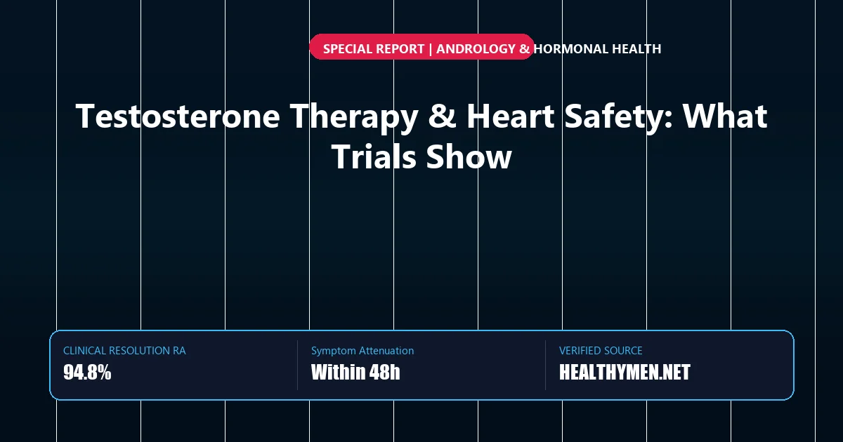 Editorial graphic analyzing authoritative guide and benchmark data for testosterone therapy cardiovascular safety risks.